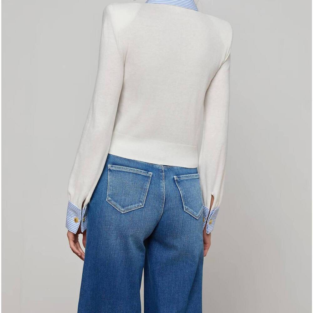 NEW L'AGENCE april poplin collar pullover in white blue stripe - Picture 4 of 6